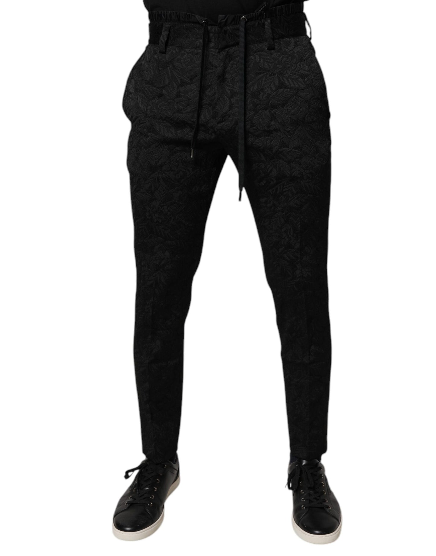 Dolce & Gabbana Pantalones de Vestir Ajustados de Brocado Negro de Poliéster