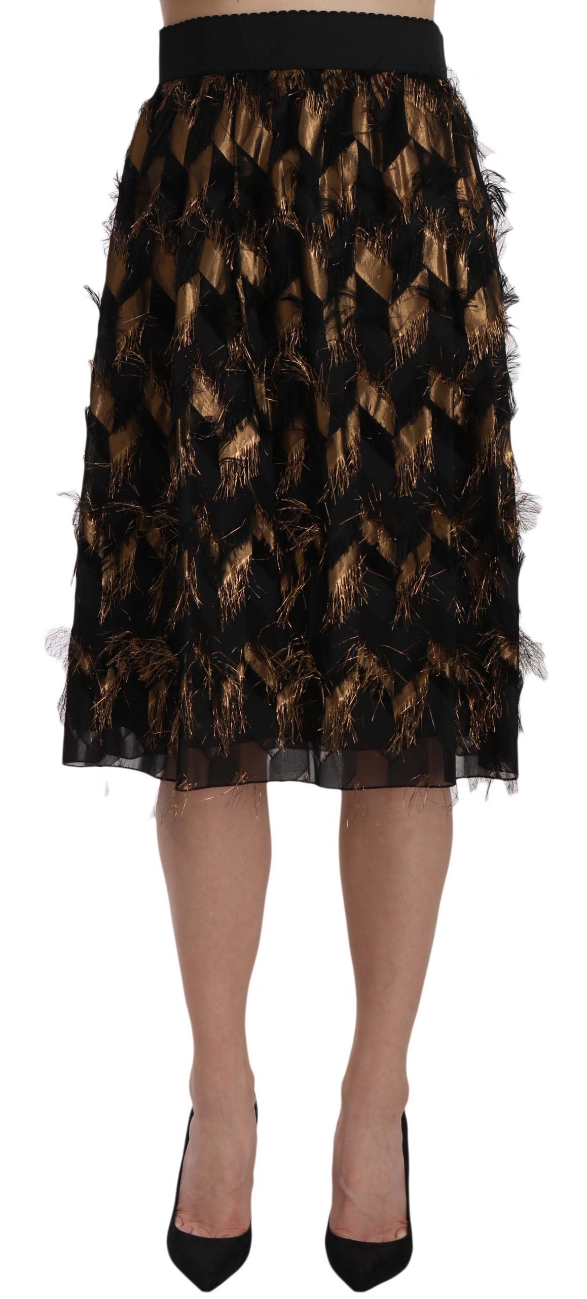 Falda lápiz acampanada metálica con flecos negra y dorada de Dolce & Gabbana