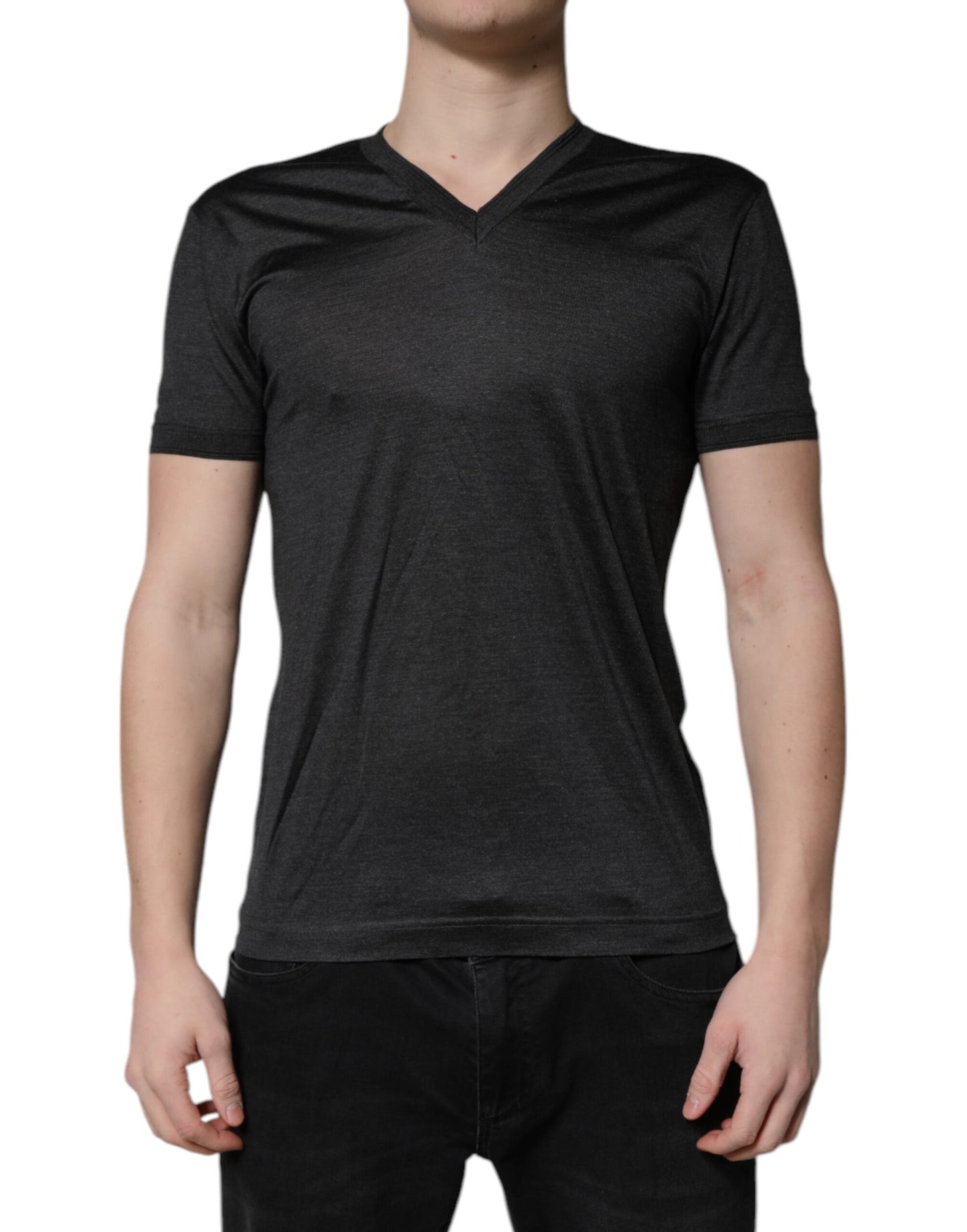 Camiseta de seda gris oscuro con cuello de pico y manga corta Dolce & Gabbana