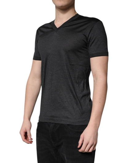 Camiseta de seda gris oscuro con cuello de pico y manga corta Dolce & Gabbana
