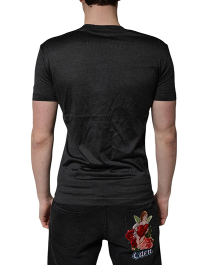 Camiseta de seda gris oscuro con cuello de pico y manga corta Dolce & Gabbana