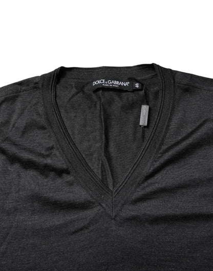 Camiseta de seda gris oscuro con cuello de pico y manga corta Dolce & Gabbana