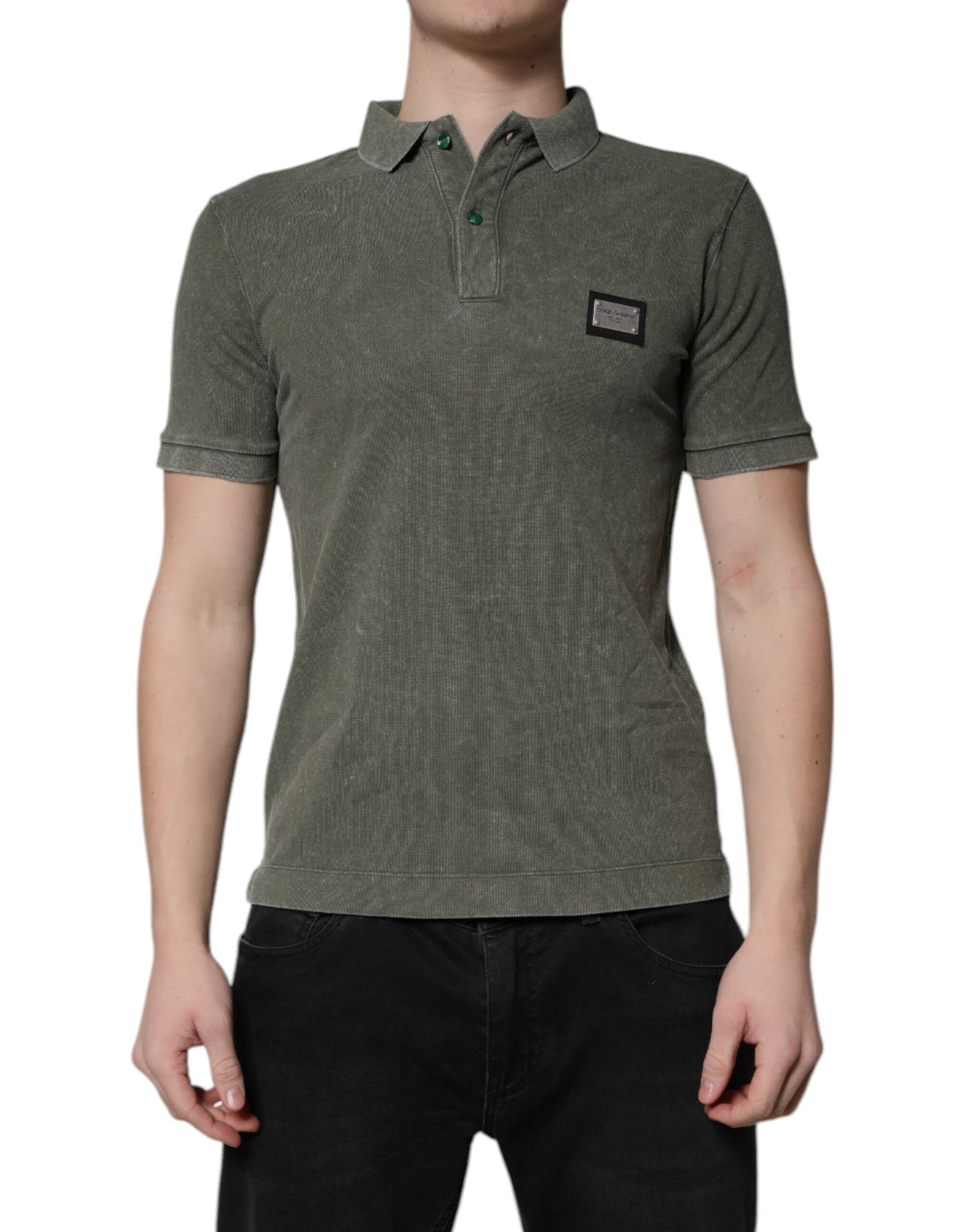 Camiseta tipo polo de algodón con placa del logotipo verde militar de Dolce & Gabbana