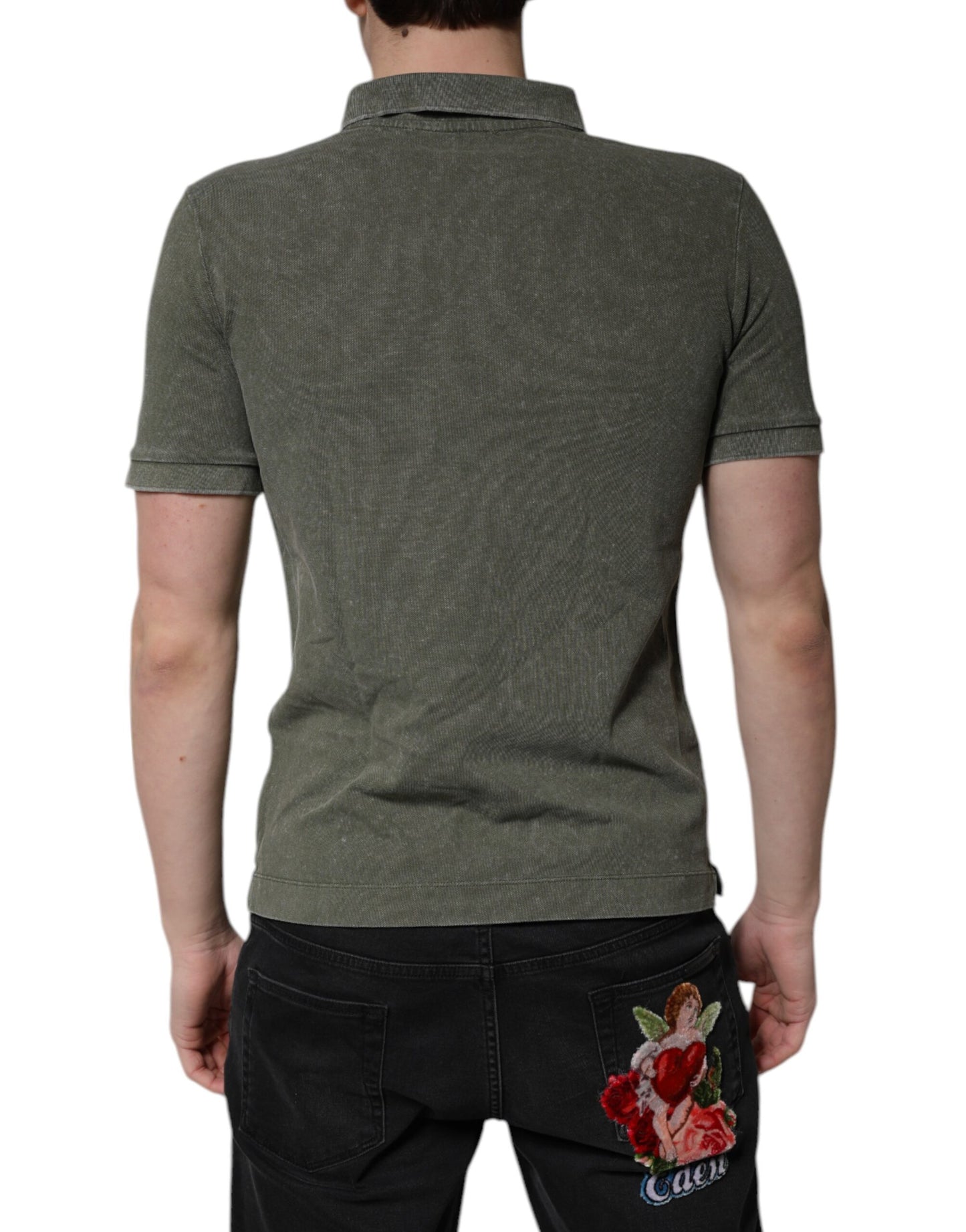Camiseta tipo polo de algodón con placa del logotipo verde militar de Dolce & Gabbana