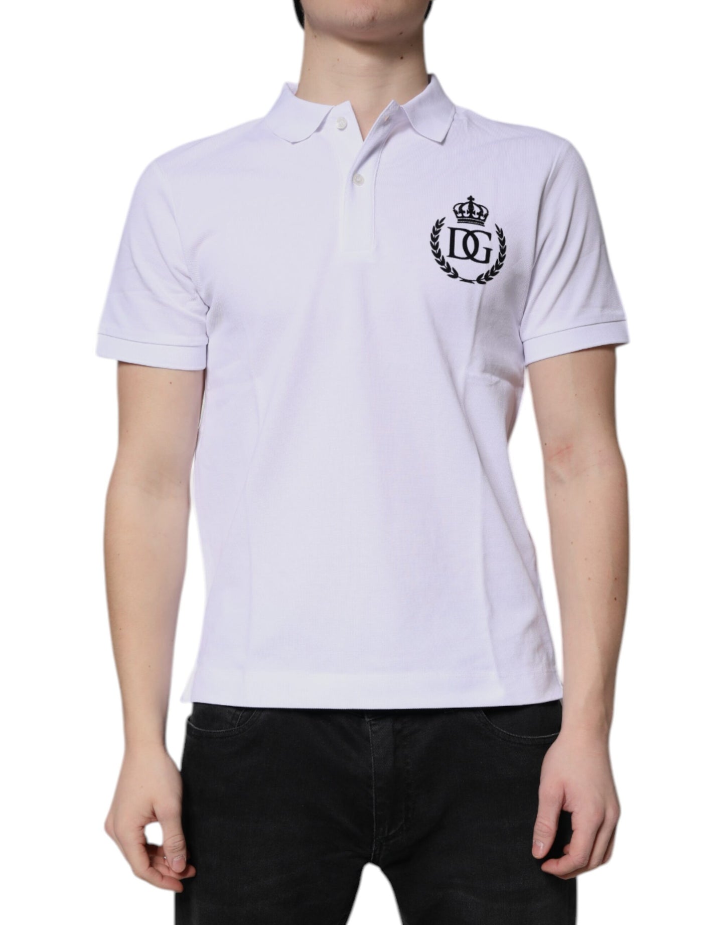 Polo de hombre de algodón blanco con cuello corona Dolce & Gabbana