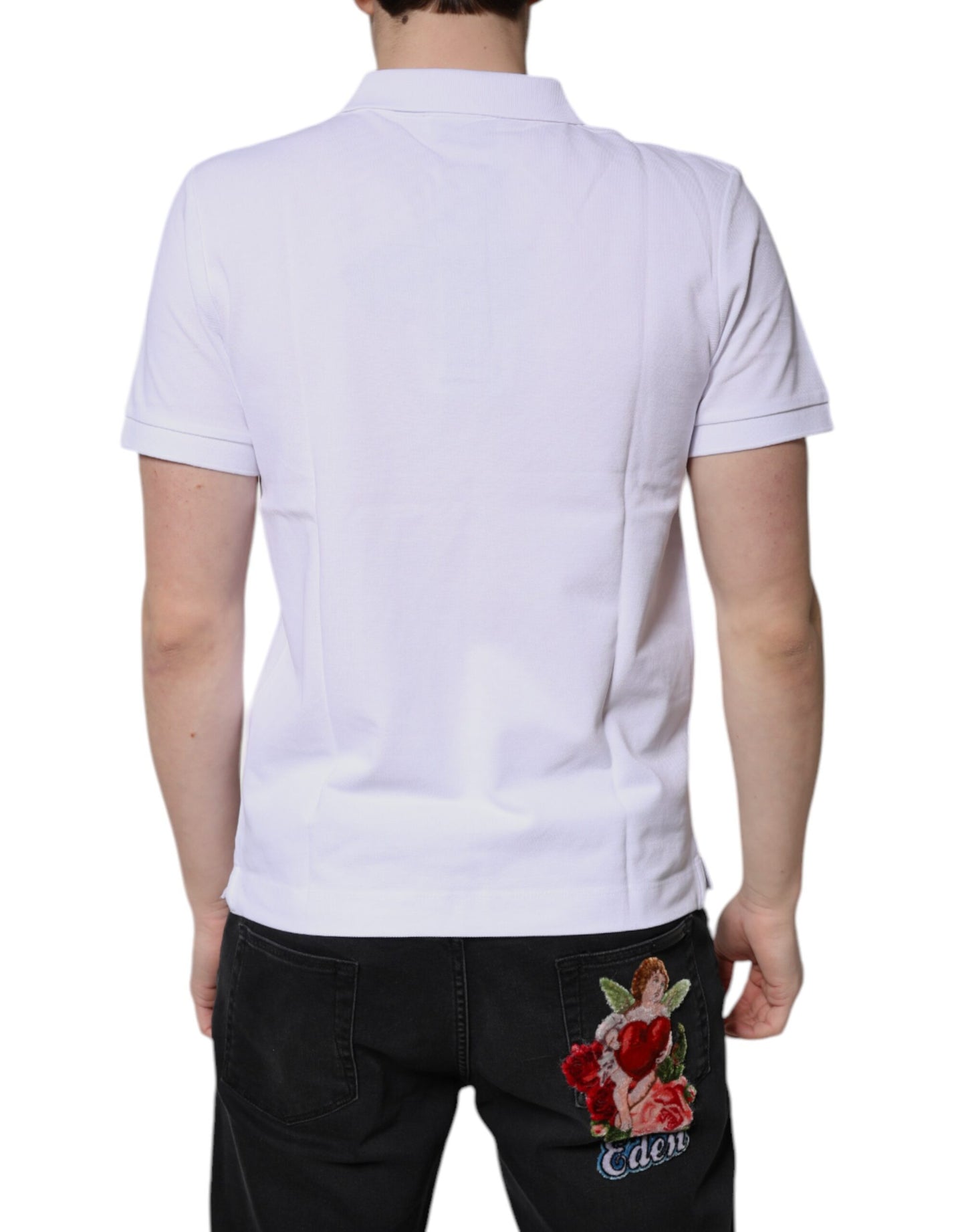Polo de hombre de algodón blanco con cuello corona Dolce & Gabbana