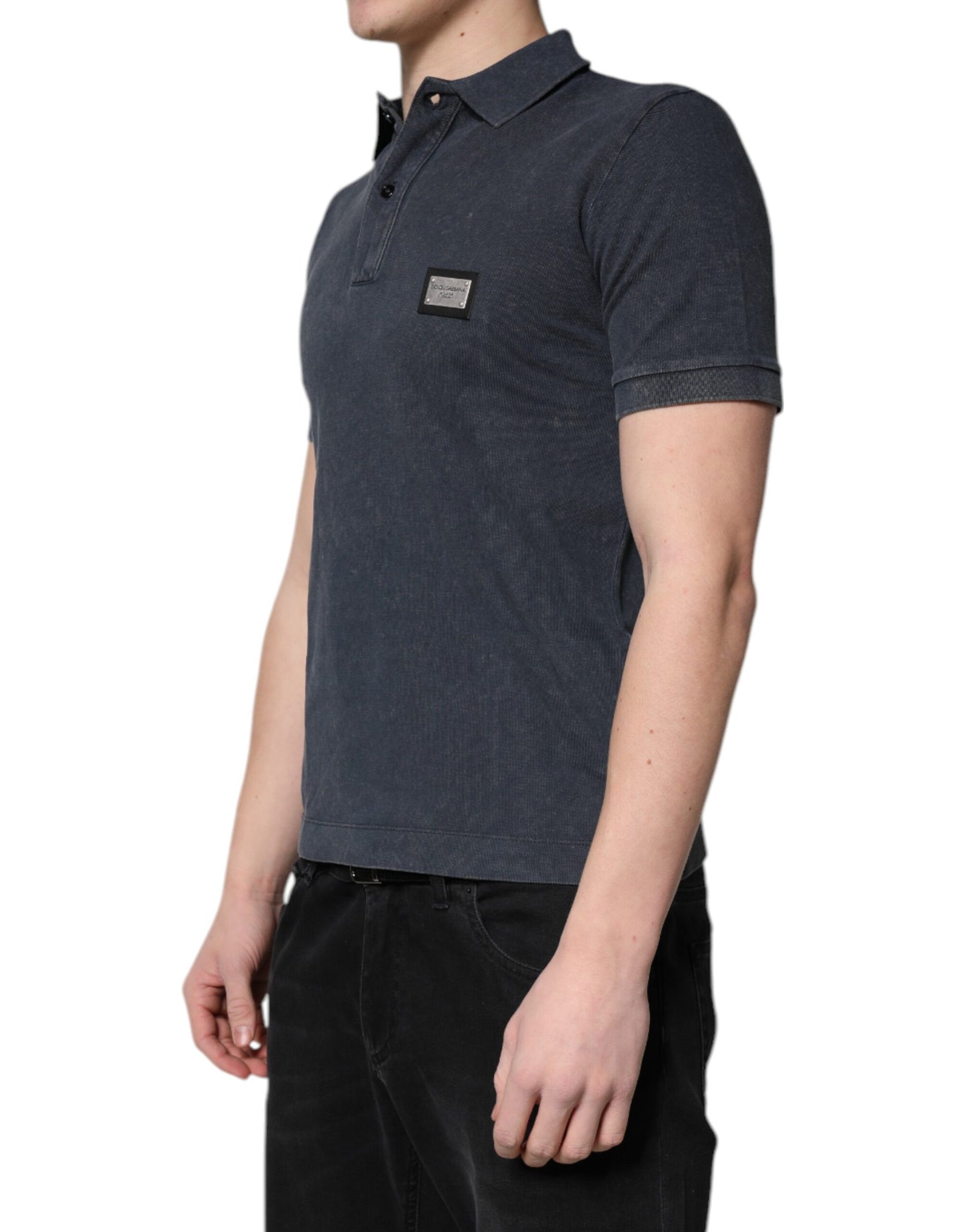 Polo de algodón azul oscuro con placa del logo para hombre Dolce & Gabbana