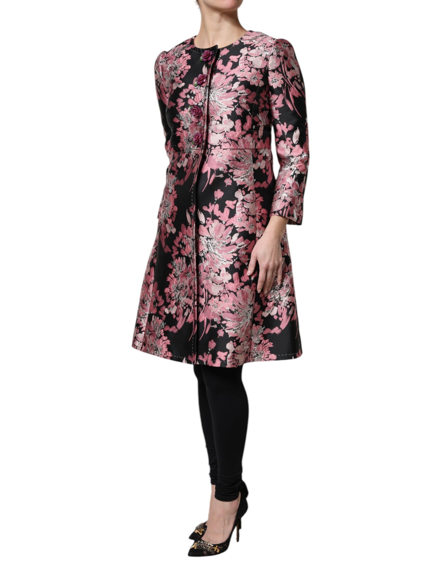 Chaqueta Trenchcoat de Brocado Floral Rosa y Negro de Dolce & Gabbana