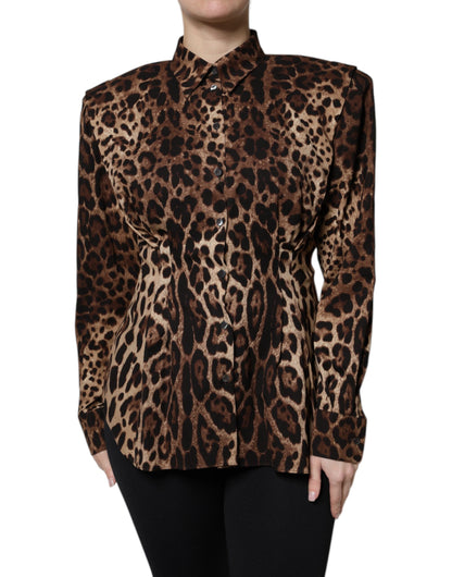 Dolce & Gabbana Abrigo/Chaqueta Abotonado de Seda Marrón con Estampado de Leopardo