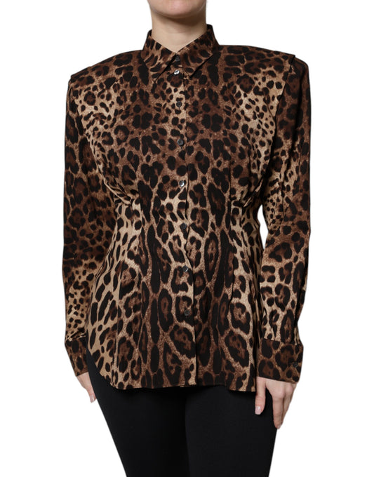 Dolce & Gabbana Abrigo/Chaqueta Abotonado de Seda Marrón con Estampado de Leopardo