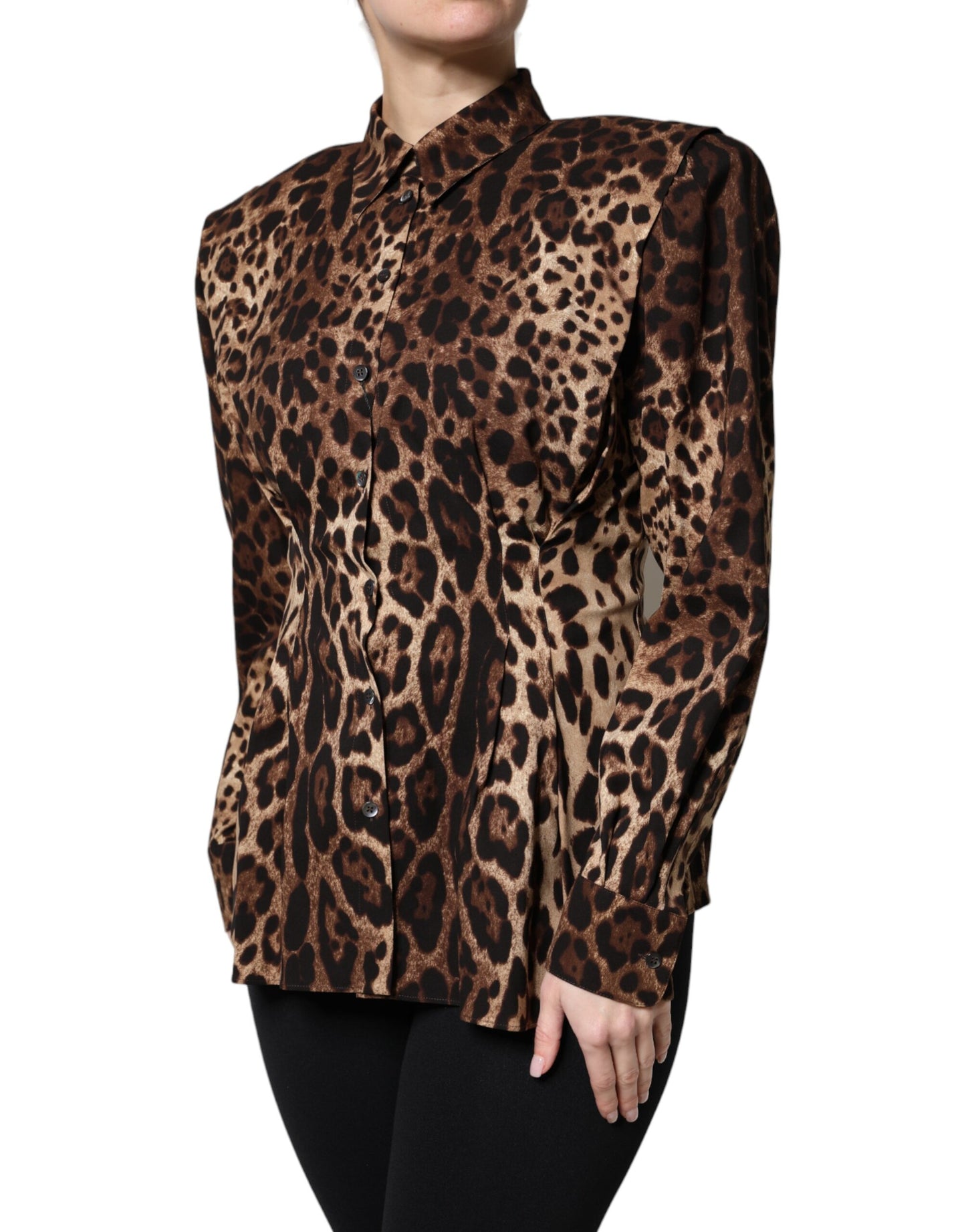 Dolce & Gabbana Abrigo/Chaqueta Abotonado de Seda Marrón con Estampado de Leopardo
