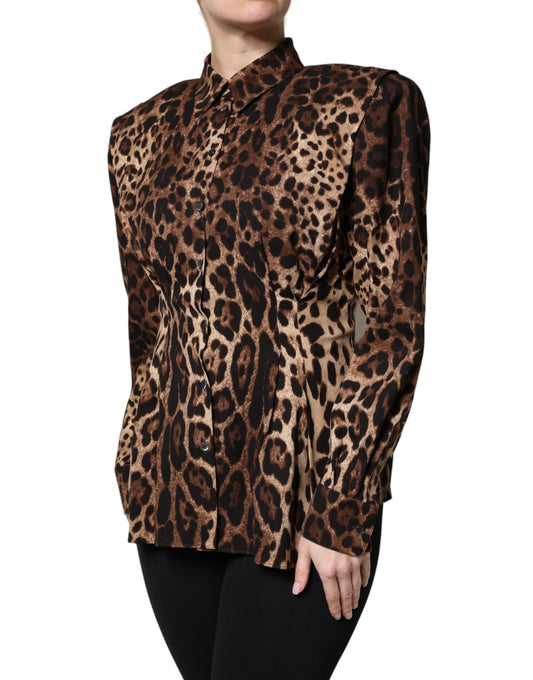 Dolce & Gabbana Abrigo/Chaqueta Abotonado de Seda Marrón con Estampado de Leopardo