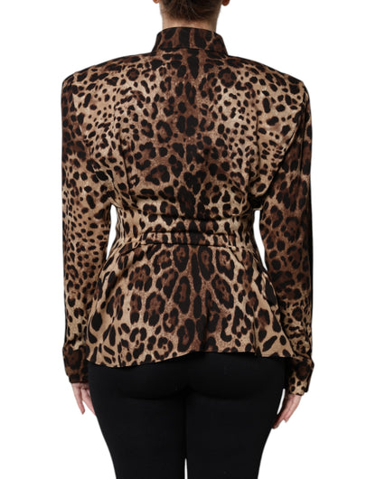 Dolce & Gabbana Abrigo/Chaqueta Abotonado de Seda Marrón con Estampado de Leopardo