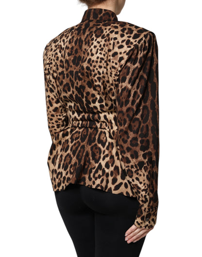 Dolce & Gabbana Abrigo/Chaqueta Abotonado de Seda Marrón con Estampado de Leopardo