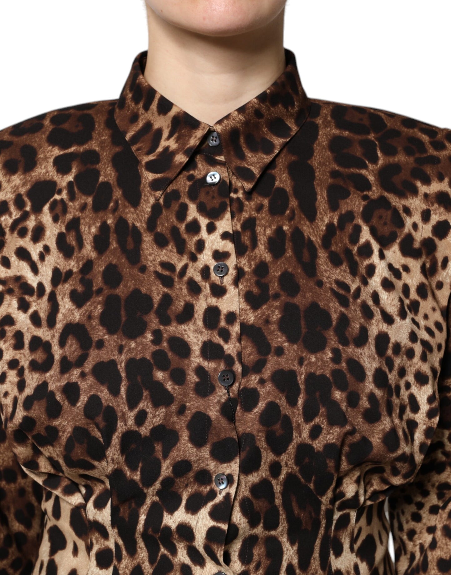 Dolce & Gabbana Abrigo/Chaqueta Abotonado de Seda Marrón con Estampado de Leopardo