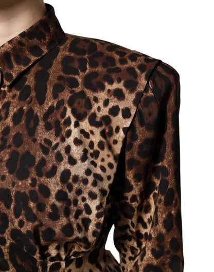 Dolce & Gabbana Abrigo/Chaqueta Abotonado de Seda Marrón con Estampado de Leopardo