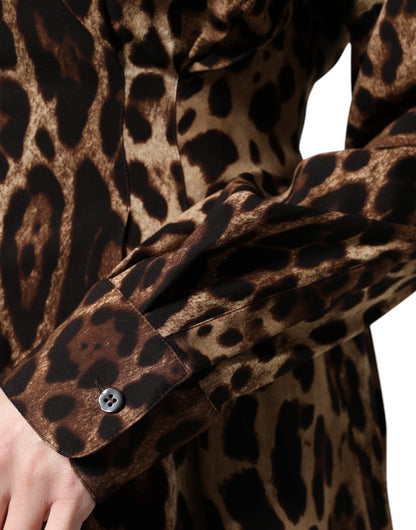 Dolce & Gabbana Abrigo/Chaqueta Abotonado de Seda Marrón con Estampado de Leopardo