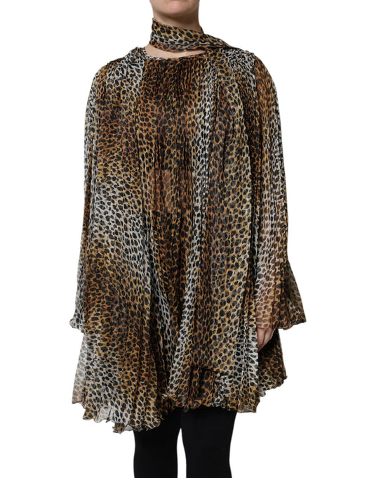 Vestido de gasa con cuello y estampado de leopardo marrón de Dolce & Gabbana