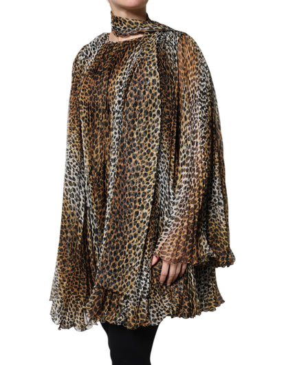 Vestido de gasa con cuello y estampado de leopardo marrón de Dolce & Gabbana