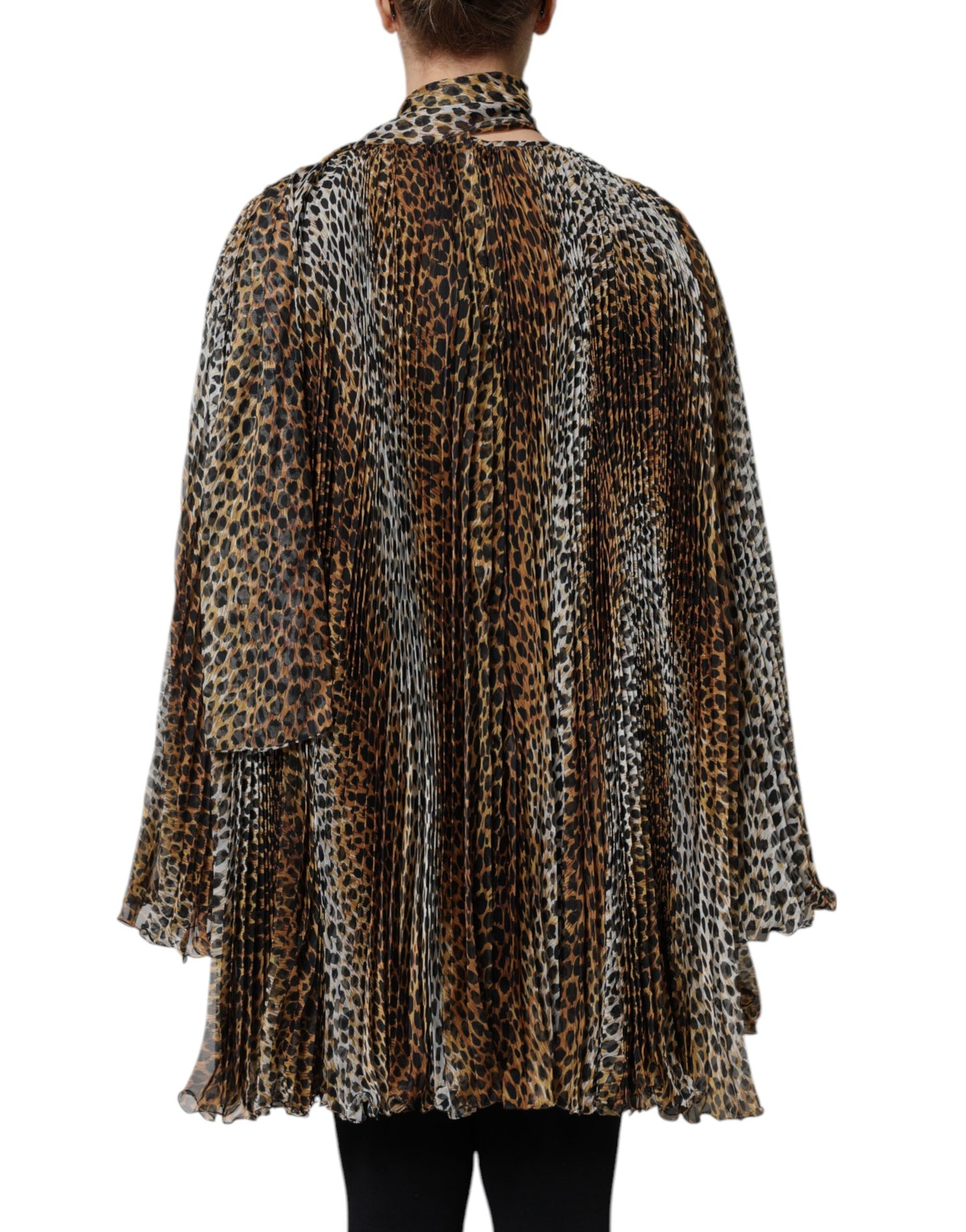 Vestido de gasa con cuello y estampado de leopardo marrón de Dolce & Gabbana
