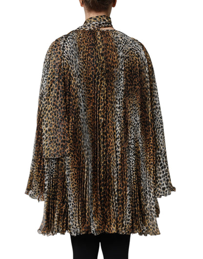 Vestido de gasa con cuello y estampado de leopardo marrón de Dolce & Gabbana