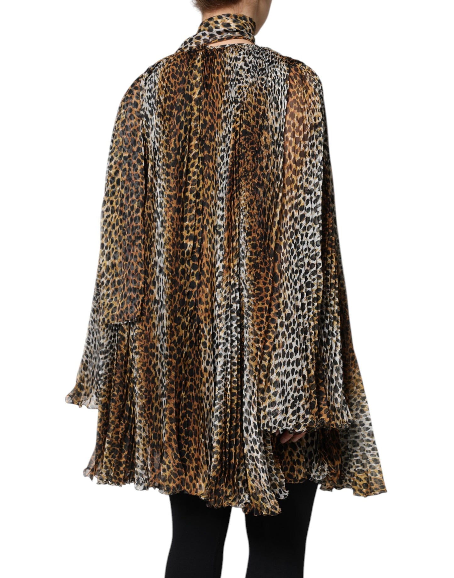 Vestido de gasa con cuello y estampado de leopardo marrón de Dolce & Gabbana