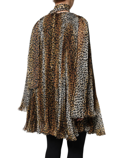 Vestido de gasa con cuello y estampado de leopardo marrón de Dolce & Gabbana