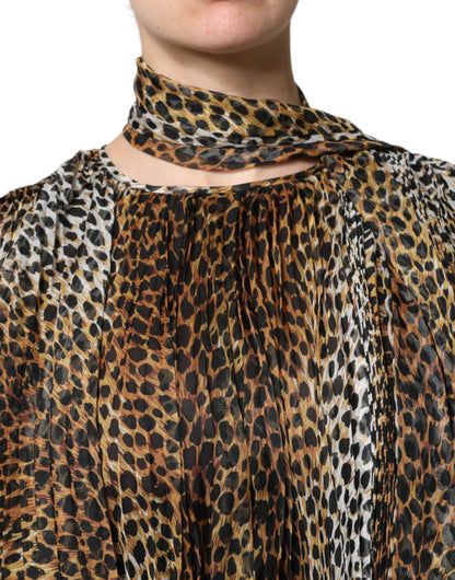 Vestido de gasa con cuello y estampado de leopardo marrón de Dolce & Gabbana