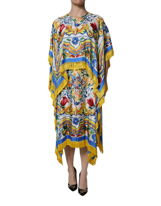 Maxivestido kaftán de manga corta Dolce & Gabbana con estampado de mayólica multicolor