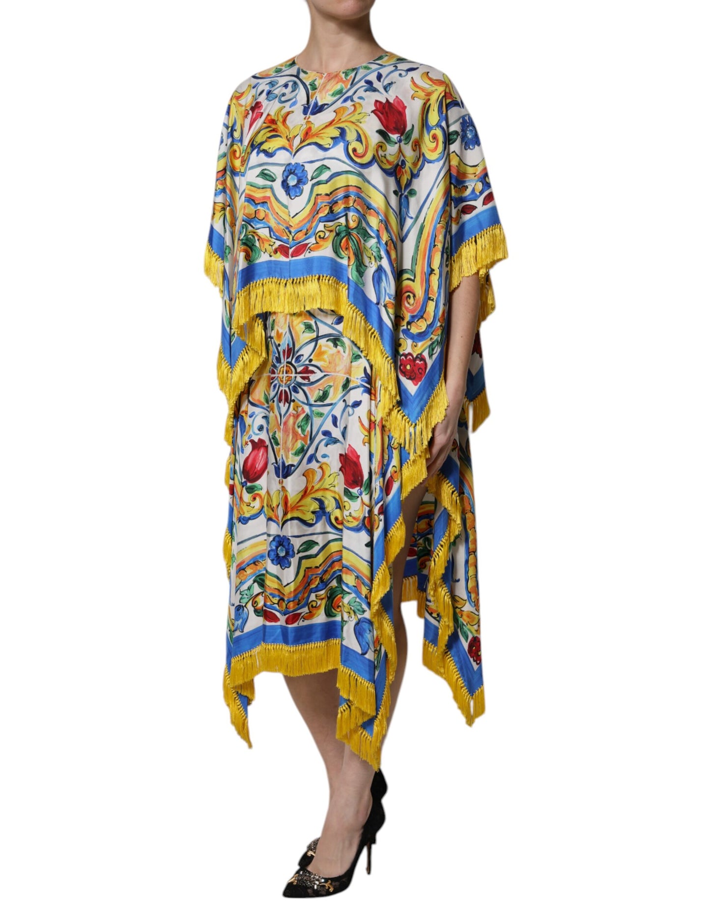 Maxivestido kaftán de manga corta Dolce & Gabbana con estampado de mayólica multicolor