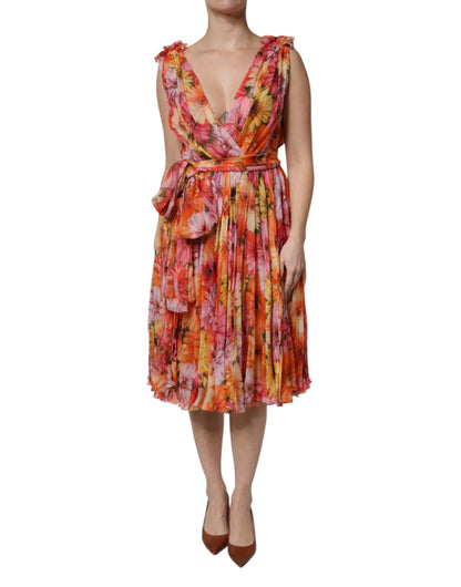 Vestido de gasa con escote en V y estampado floral multicolor de seda de Dolce & Gabbana