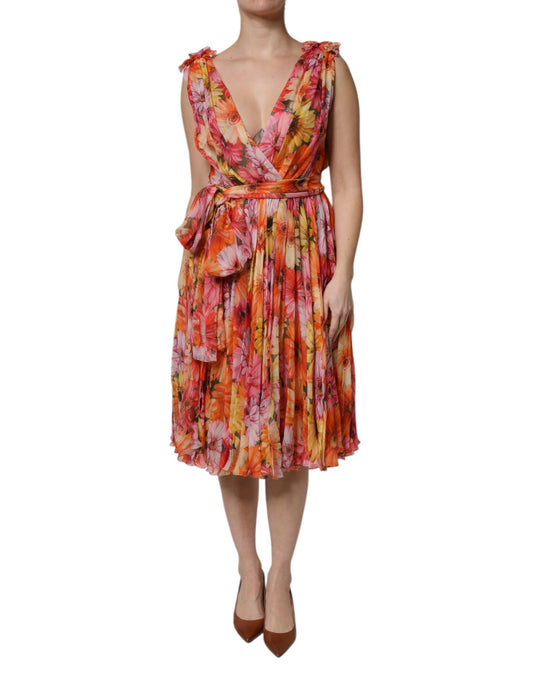 Vestido de gasa con escote en V y estampado floral multicolor de seda de Dolce & Gabbana