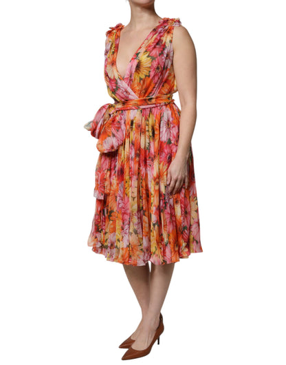 Vestido de gasa con escote en V y estampado floral multicolor de seda de Dolce & Gabbana