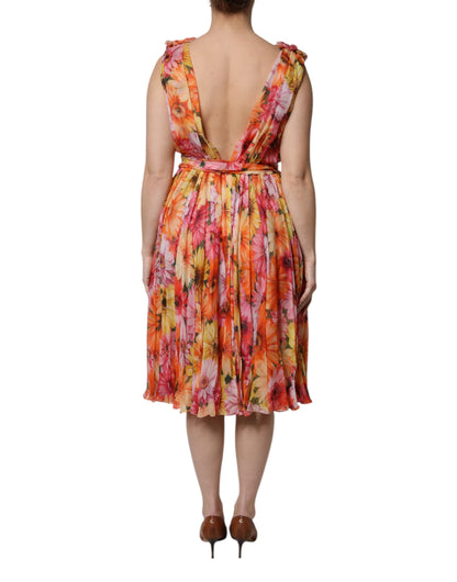 Vestido de gasa con escote en V y estampado floral multicolor de seda de Dolce & Gabbana