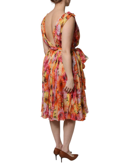 Vestido de gasa con escote en V y estampado floral multicolor de seda de Dolce & Gabbana