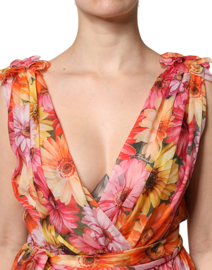 Vestido de gasa con escote en V y estampado floral multicolor de seda de Dolce & Gabbana