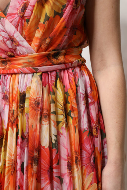 Vestido de gasa con escote en V y estampado floral multicolor de seda de Dolce & Gabbana