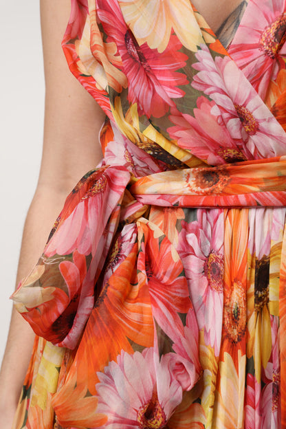 Vestido de gasa con escote en V y estampado floral multicolor de seda de Dolce & Gabbana