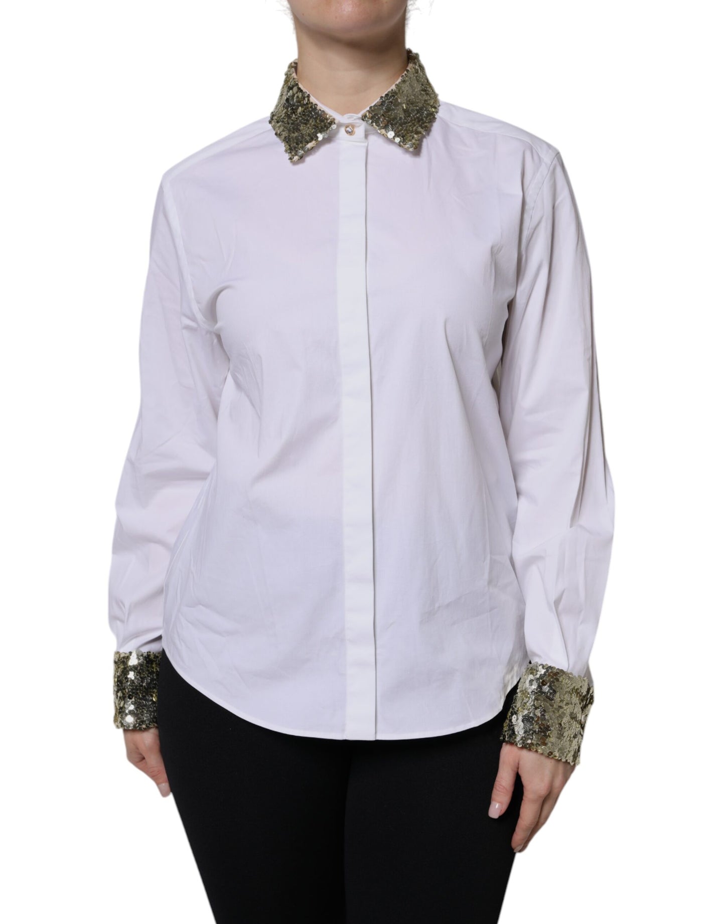 Top camisa de manga larga con lentejuelas de algodón blanco Dolce & Gabbana