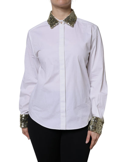 Top camisa de manga larga con lentejuelas de algodón blanco Dolce & Gabbana