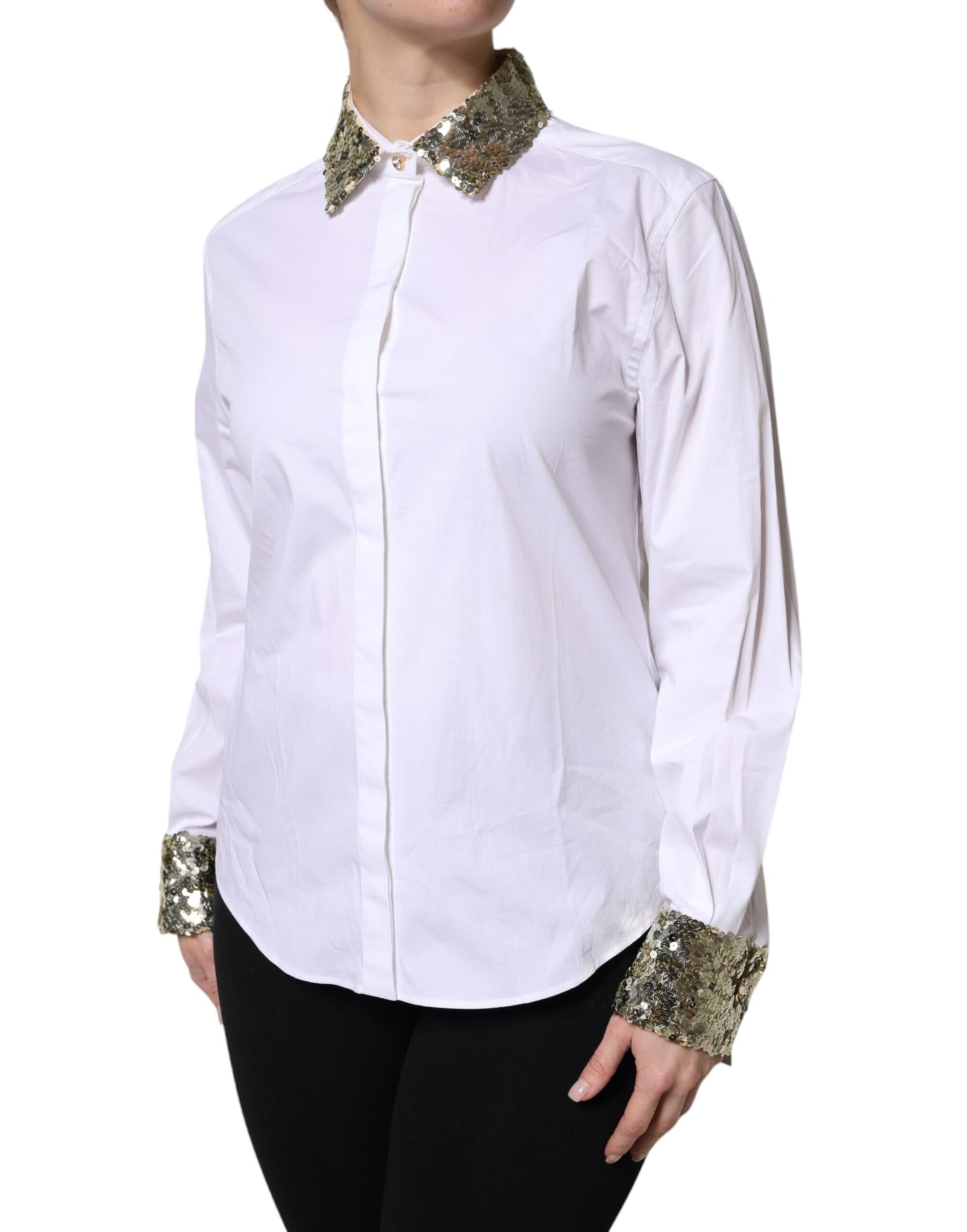 Top camisa de manga larga con lentejuelas de algodón blanco Dolce & Gabbana