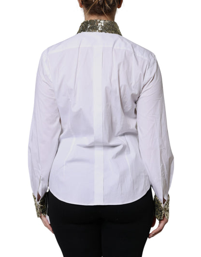 Top camisa de manga larga con lentejuelas de algodón blanco Dolce & Gabbana