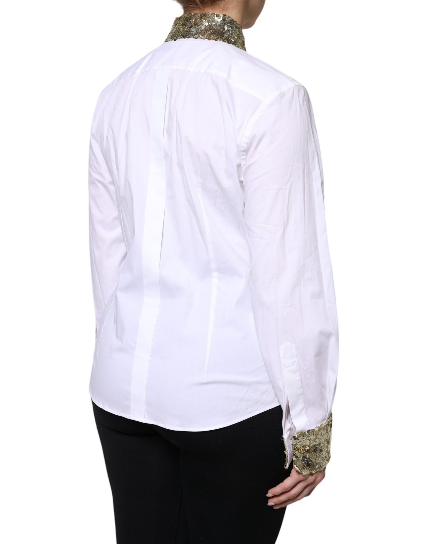 Top camisa de manga larga con lentejuelas de algodón blanco Dolce & Gabbana