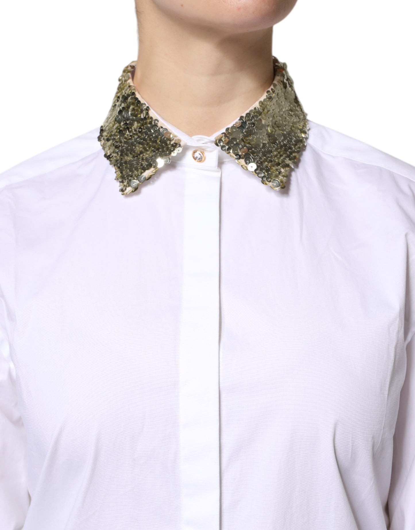 Top camisa de manga larga con lentejuelas de algodón blanco Dolce & Gabbana