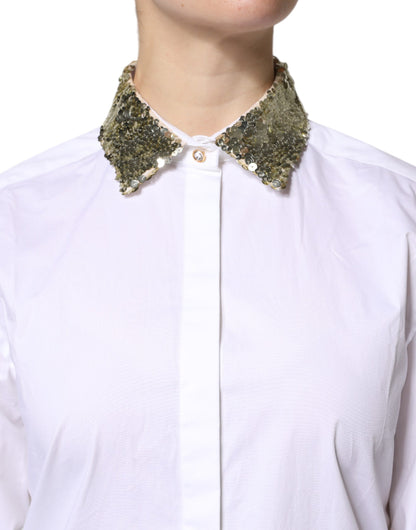 Top camisa de manga larga con lentejuelas de algodón blanco Dolce & Gabbana