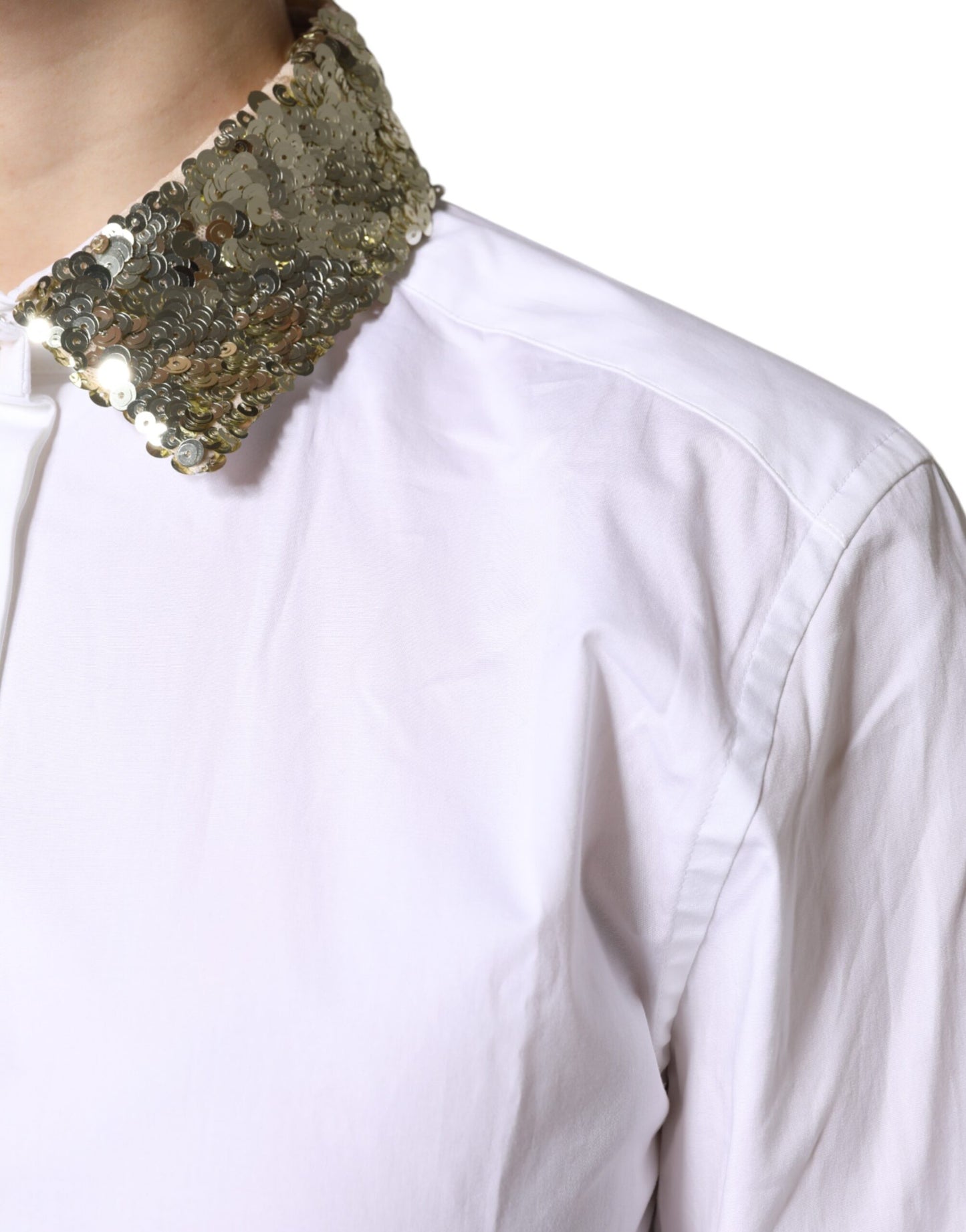 Top camisa de manga larga con lentejuelas de algodón blanco Dolce & Gabbana