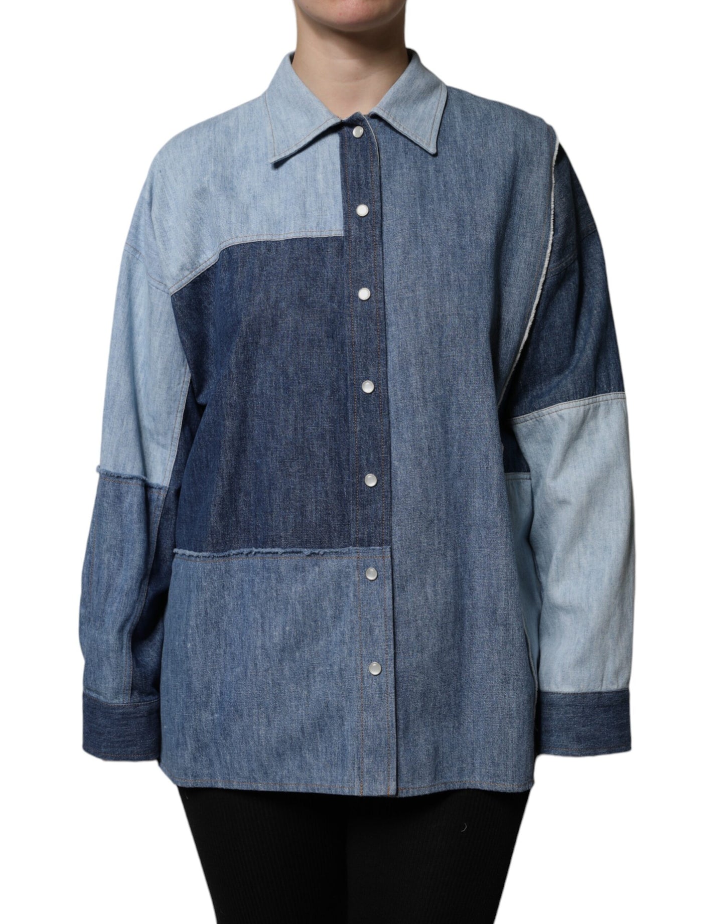 Dolce & Gabbana Blusa de manga larga con cuello y botones de algodón azul