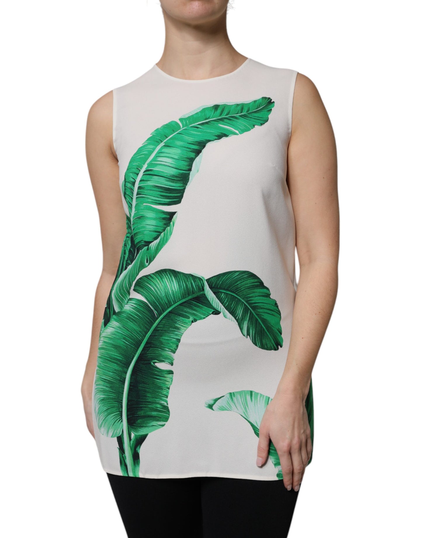 Camiseta sin mangas Dolce & Gabbana blanca con estampado de hojas de plátano y cuello redondo