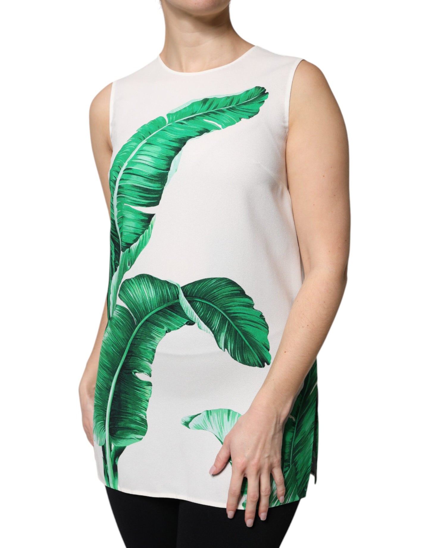 Camiseta sin mangas Dolce & Gabbana blanca con estampado de hojas de plátano y cuello redondo