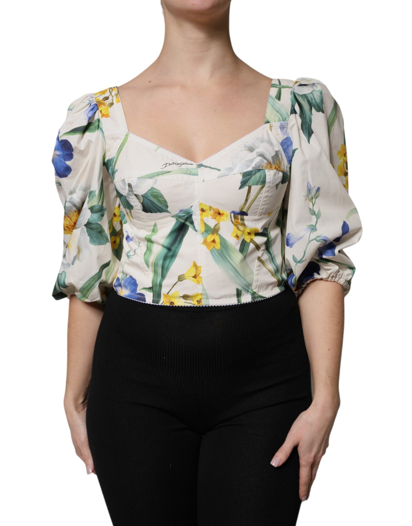 Top blusa corta de mangas abullonadas blancas con estampado floral de Dolce & Gabbana
